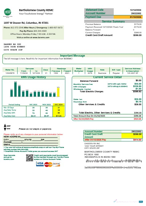 USA Indiana Bartholomew County REMC business utility bill template in Word and PDF formats